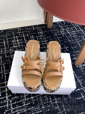Dior L'Amazone Wedge Slide brown Calfskin and Natural Graphic Cannage Raffia