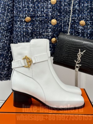 Hermes Jill 60 ankle boot in calfskin golden Glenan buckle white