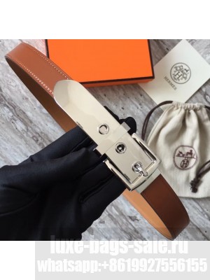 Hermes Square Buckle Leather Belt Brown/Silver