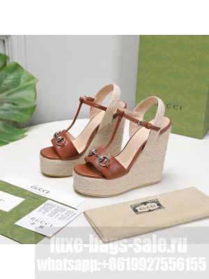 Gucci Calfskin 13cm Brown Espadrilles Wedge Sandals 2021 Collection