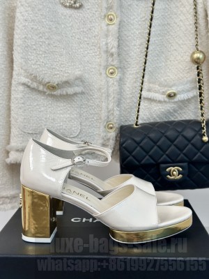 Chanel Gold Heel Calfskin Sandals Crinkled White 2024