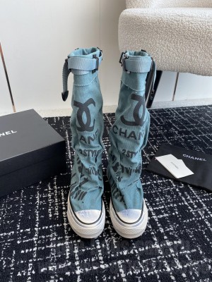 Chanel Graffiti Canvas High Boots Blue