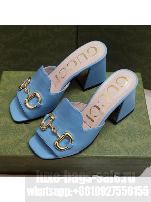Gucci Leather Slide Sandal with Horsebit 7cm Blue 2021   Collection