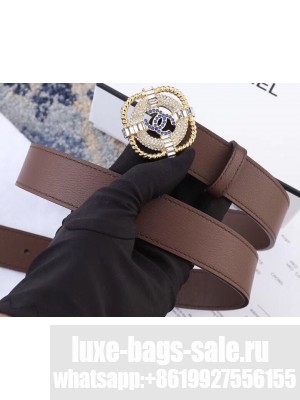 Chanel Width 3cm Crystal Square Buckle Leather Belt Coffee