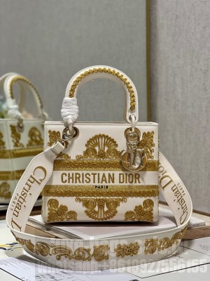 DIOR MEDIUM LADY D-LITE BAG gold and White Ornamental Cornely-Effect Embroidery M0565O