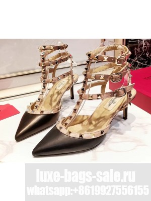 Valentino Heel 9.5cm Rockstud Caged Ankle Strap Pumps in Leather Black