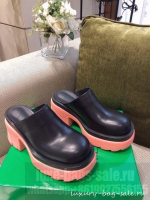 Bottega Veneta Flash Calfskin Mules 9.5cm Black/Flamingo Pink 2021 Collection