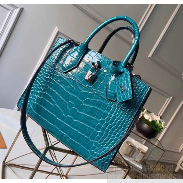 Louis Vuitton City Steamer PM Top Handle Bag in Glossy Crocodile Leather  N92953 Peacock Blue Collection